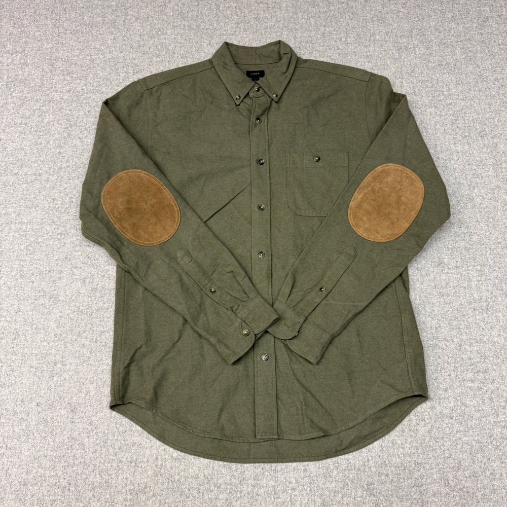 J.Crew Flannel Shirt Size M Olive Green Leather Elbow Patch Cotton Button Down